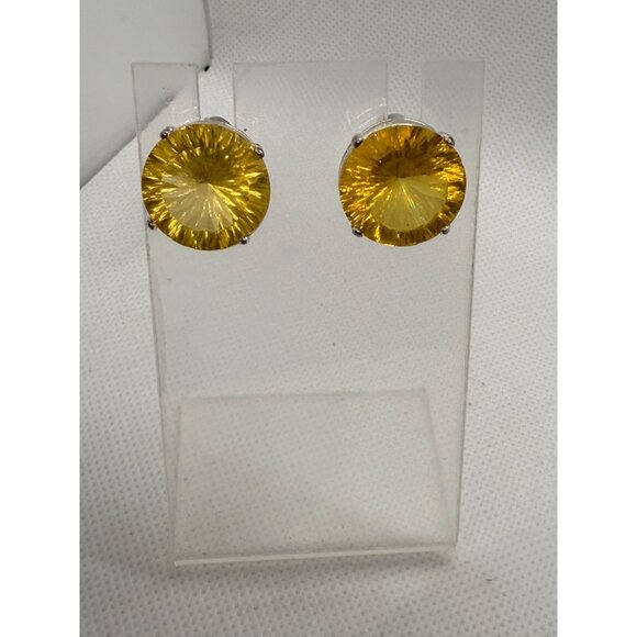 Yellow Gemstone Post Earrings With Silver Tone Setting - Picture 1 of 7